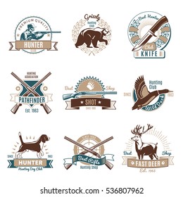 Set of nine isolated hunting old school style emblems in colour with animals weapons and text vector illustration