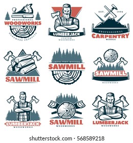 Set of nine isolated lumberjack old style emblems with decorative icons trees and male character images vector illustration