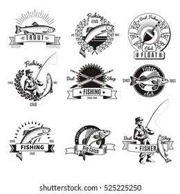 Set of nine isolated monochrome fishing labels with old style decorations captions fish and tackle icons vector illustration