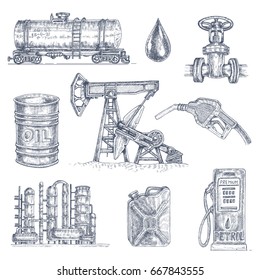 Set of nine isolated monochrome hand drawn decorative icons with oil industry elements vessels and machinery vector illustration