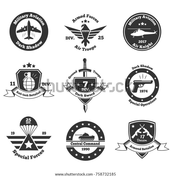 Set Nine Isolated Monochrome Military Emblems Stock Vector (Royalty ...