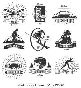 Set of nine isolated monochrome vintage nordic skiing labels with skier and equipment symbols and captions vector illustration