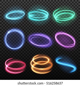Set of nine isolated neon blurry circles at motion of different colour on dark transparent background vector illustration