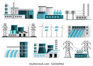 Set Of Nine Isolated Orthogonal Power Generation Images Of Powerhouse Landscape Scenes Transmission Lines Transformer Pillars Vector Illustration