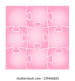 Set of nine isolated pink puzzle pieces in the square composition / puzzle background