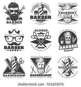 Set of nine isolated vintage barber hipster labels with oldstyle decorative symbols signs and professional equipment vector illustration