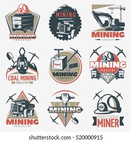 Set of nine isolated vintage mining industry with professional equipment and technics twibill coal pick symbols vector illustration