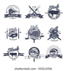 Set of nine isolated vintage steak labels oldschool with decorative ribbons text cutlery and animals silhouettes vector illustration