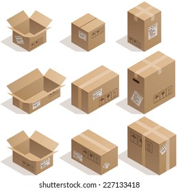Set of nine isometric cardboard boxes isolated on white. Eps8. CMYK. Organized by layers. Global colors. Gradients used.