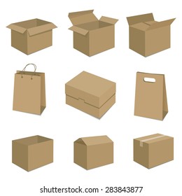 Set of nine isometric cardboard boxes isolated on white.