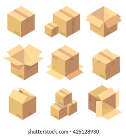 Set of nine isometric cardboard boxes isolated on white.