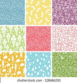 Set of nine kiddie things seamless patterns backgrounds