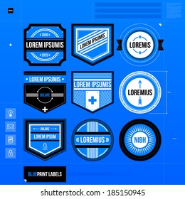 Set of nine labels and badges in blueprint style. EPS10