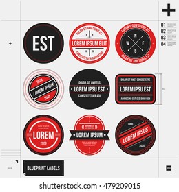 Set of nine labels and badges in draft style. EPS10