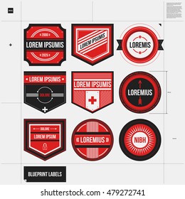 Set of nine labels and badges in draft style. EPS10