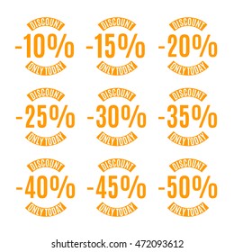 A set of nine labels discounts of ten to fifty percent in steps of five, isolated on white background, flat style, vector illustration.