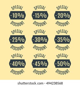 A set of nine labels discounts of ten to fifty percent in steps of five, isolated on yellow background, flat style, vector illustration.
