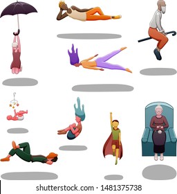Set of nine levitating people of different sexes and ages. There are shadows below them on the ground. White background, vector.