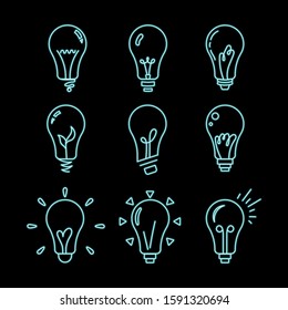 Set of Nine Light Bulbs neon sign vector. Light Bulbs Design template neon icon, light banner, neon signboard, light symbol. Vector illustration