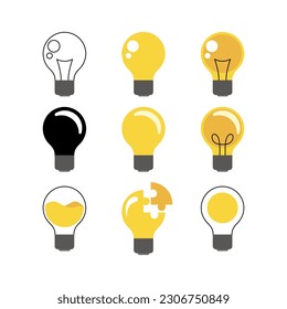 Un conjunto de nueve bombillas sobre un fondo blanco. Bombillas vectoras de estilo minimalista. Símbolo de ideas, resolución de problemas, idea, lidiar con el problema. Concepto de lámpara, luz.