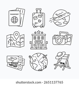 Set of nine line art travel icons pack perfect for web design, infographics, and travel related projects. Includes airplane, map, camera, passport, and more.