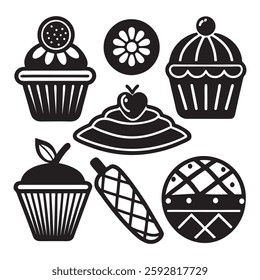 Set of nine line icons representing different types of desserts ice cream, pudding, and cake