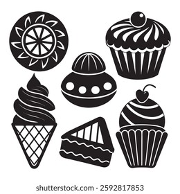 Set of nine line icons representing different types of desserts ice cream, pudding, and cake
