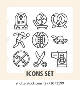 Set of nine line icons representing cemetry, sports, agriculture, puzzlement and daily life concepts on white background. Ideal for web, digital projects and print media