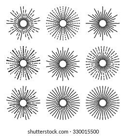 Set of nine line light rays. Vintage frames, shapes and design elements