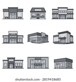 A set of nine linear style illustrations depicting different types of commercial buildings, retail stores, and shopping centers on a white background.