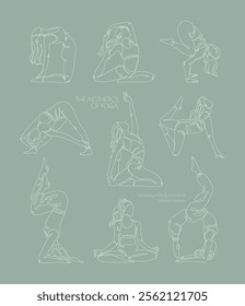 Set of nine line-art yoga poses, minimalistic design of beautiful women on mint green background