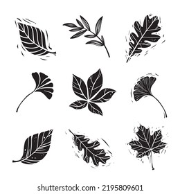 set of nine linoprint leaves