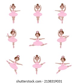 a set of nine little ballerina girls in pink tutus in different poses