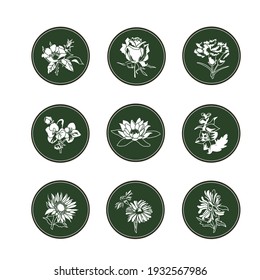 Conjunto de nueve logos de plantas florecientes: rosa salvaje, rosa, clavel, violeta, loto, delfinio, girasol, margarita, pasador