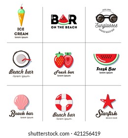 Set of nine logos for summer beach bar, fresh juice bar, cafe, restaurant, shop. The bright and rich colors, modern flat style.