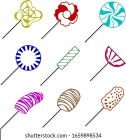 A set of nine lollipops of different shapes and colors. Set for holidays for children and restaurant menus and more. Vector illustration.