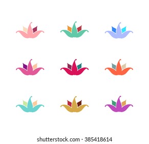 Set of Nine Lotus Flower Emblems of Bright Colors. Vector Illustration