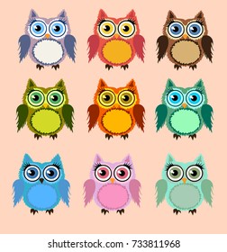 A set of nine lovely owls-girls in circles with bows on ears and eyes