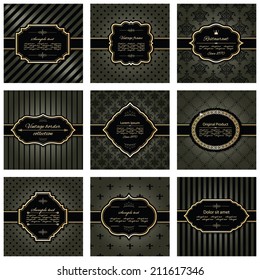 Set of nine luxury frames and pattern backgrounds in dark chocolate brown and golden colors.