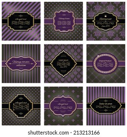 Set of nine luxury frames and pattern backgrounds in dark brown, purple and golden colors.
