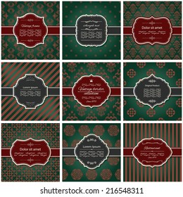 Set of nine luxury frames and pattern backgrounds in royal green, red and silver. 