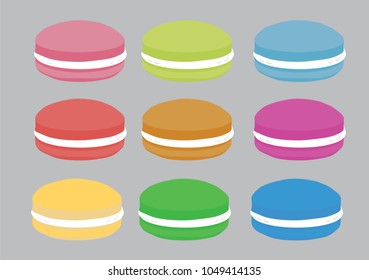 A set of nine macaron in different colors. Vector illustration.