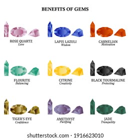 Set of nine magic and precious gemstones with its benefits