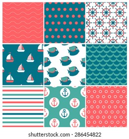 set of nine marine seamless patterns