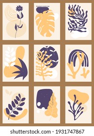 Un conjunto de nueve afiches estéticos a juego. Antecedentes de diseño interior, medios sociales, marketing, publicidad, portadas. Ilustraciones antiguas en estilo boho con sol, plantas, garabatos en colores pastel.