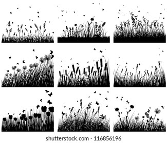 Set of nine meadow background. Vector illustration.