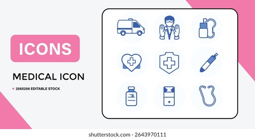 A set of nine medical icons in blue, including ambulance, doctor, heart, shield, and stethoscope, set against a white backdrop.
