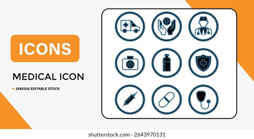 A set of nine medical icons displayed in circular frames, including an ambulance, doctor, and medical supplies, symbolizing healthcare services.