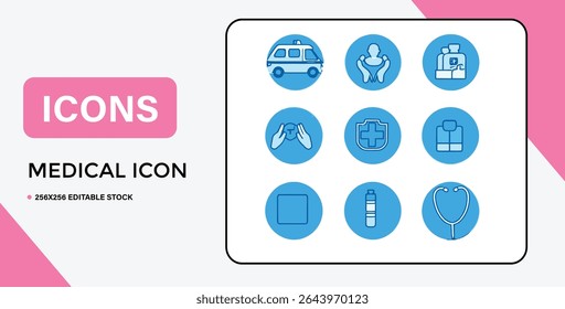 A set of nine medical icons, including an ambulance, stethoscope, and medical cross, in blue circles.