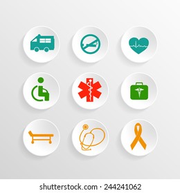 Set of nine medical symbols and equipments on frame. 
